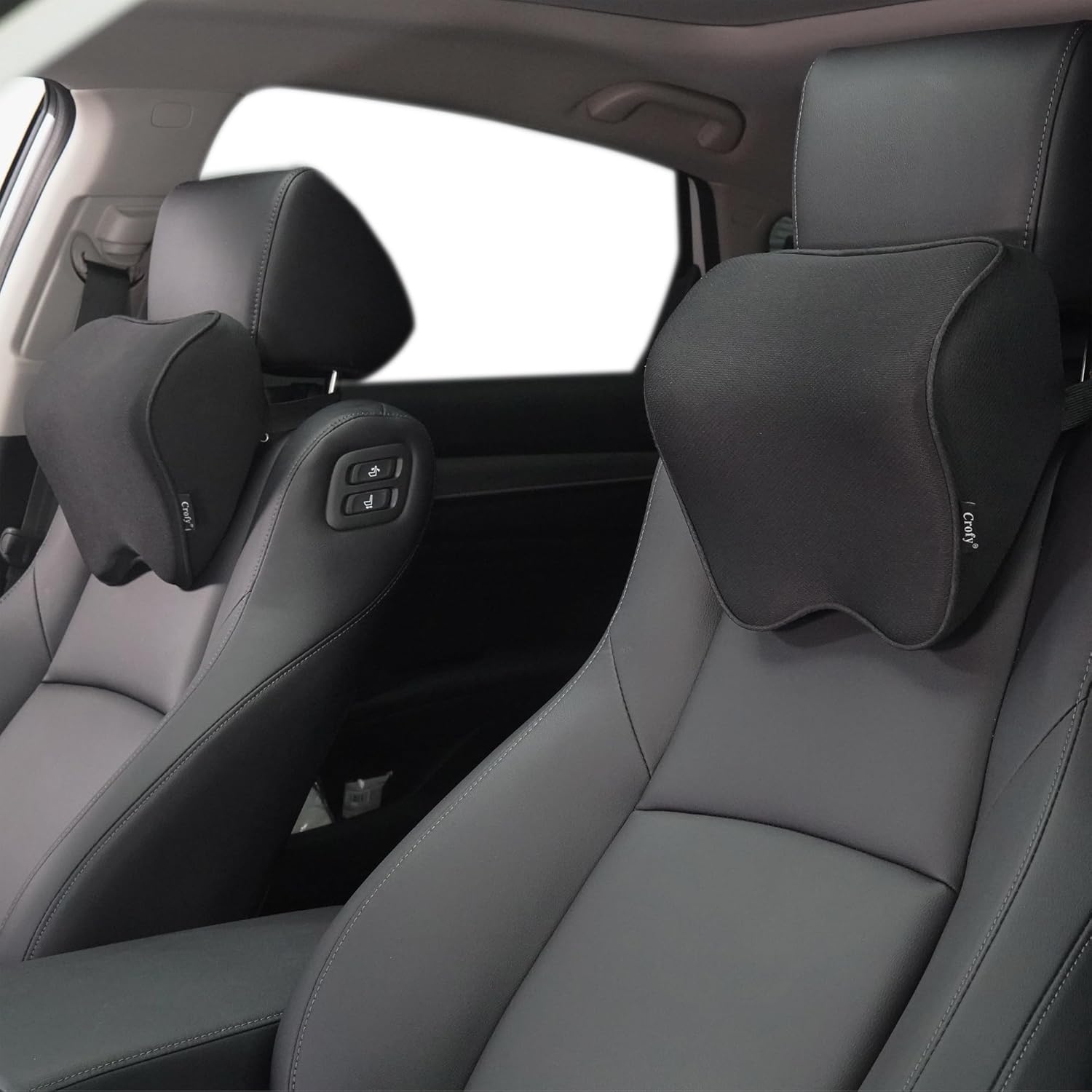 Crofy 2-Pack Car Neck Pillow, Softness Car Headrest Pillow for Driving with Adjustable Strap, 100% Memory Foam and Breathable Removable Cover, Comfortable Ergonomic Design, 4.7 Inches Thick